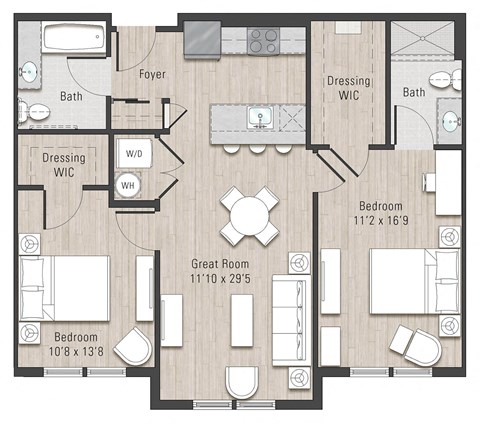 Floor plan for 2 beds, 2 baths, 985 sqft